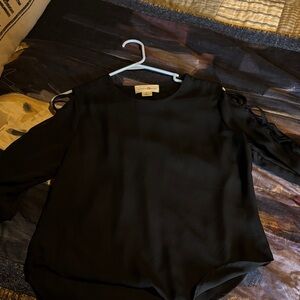 Nine West Black Cold-Shoulder Long Sleeve Top with Tie Details